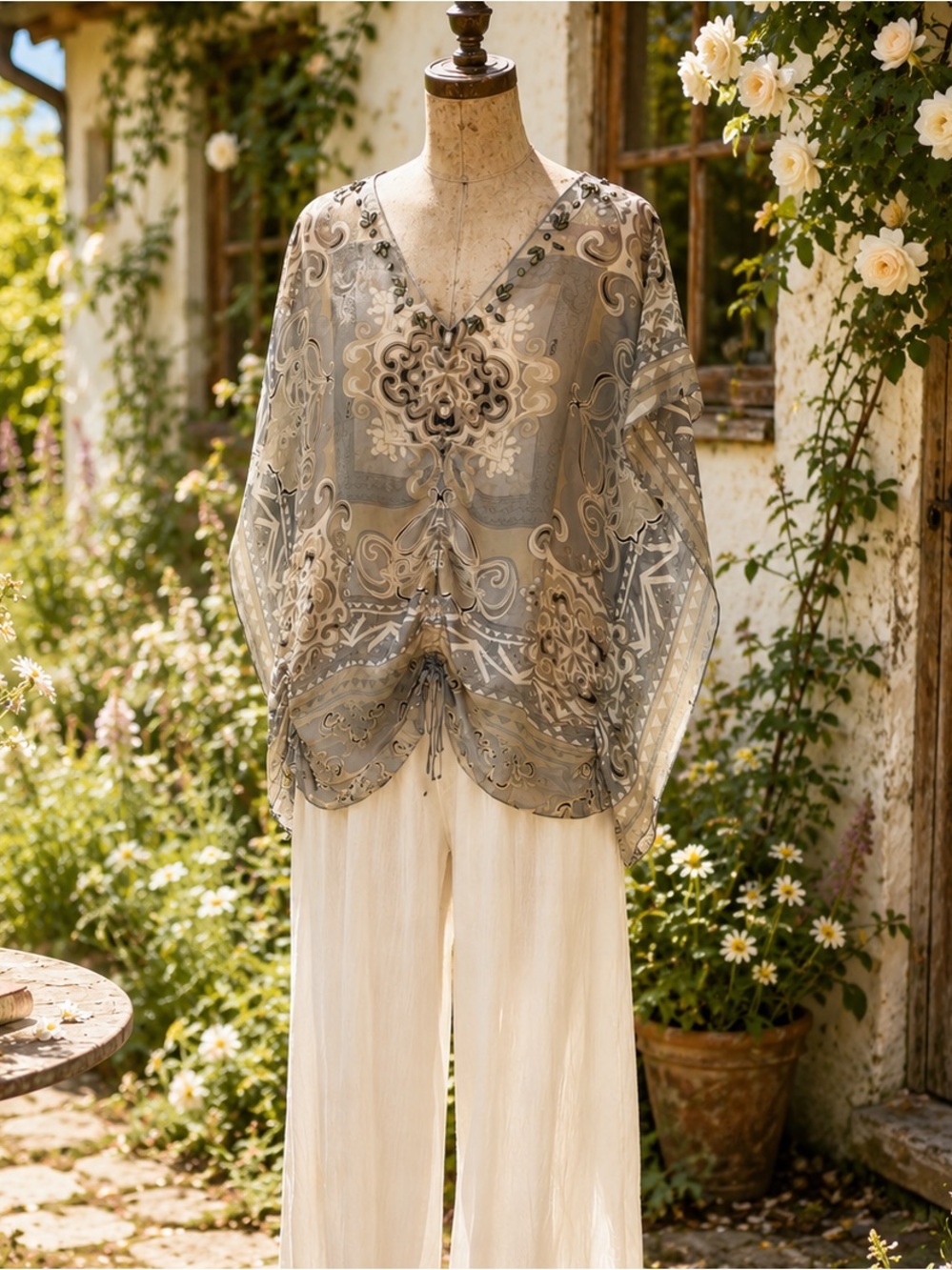 Hale Bob Silk Chiffon Boho Sheer Blouse or swim cover up top